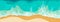 Beach banner with yellow sand and blue sea. Top view on shore coast with water wave, white foam. Summer seascape from