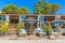 Beach bar on sea coastLuxury beach bar with sofas on sandy Palombaggia beach, Corsica island, France