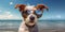 Beach Barks Funny Expression of a Wire Fox Terrier Dog in Sunglasses on the Sandy Shore. Generative AI