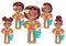 Beach black girl in summer holiday. American African kids holding rubber ring cartoon vector