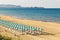 Beach on the Black Sea coast with a view of the city of Anapa, Russia