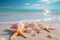 Beach bliss Pastel seashells, starfishes on tranquil sandy shoreline paradise