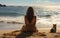 Beach Bliss Woman and Dog Relaxing on Sand. Generative AI