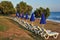 Beach with blue folded parasols