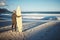 Beach, board and man surfing on holiday in the summer water of Brazil during retirement freedom. Back of mature surfer