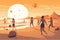 Beach buddies: A playful and joyful illustration of a group of young friends playing ball on beach