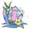 The beach cabin is striped, wooden pink and blue. With surfboards, tropical leaves, plumeria flowers and sea waves