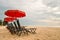 Beach chair with red umbrella on Hua Hin Beach, Phetchaburi, Thailand