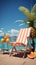 beach chair with umbrella,palm tree,lifebuoy,seaside,pineapple, sunglasses,suitcase
