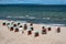 Beach chairs at the Baltic Sea . Pier of Sellin at Ruegen Island, Germany