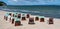 Beach chairs at the Baltic Sea . Pier of Sellin at Ruegen Island, Germany