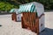 Beach chairs at the Baltic Sea . Pier of Sellin at Ruegen Island, Germany