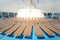 Beach chairs on blue ship deck summer day