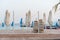 Beach chairs and close beach umbrellas. Evening on the beach.