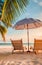 Beach Chairs on a Tropical Beach with Palm Trees and a Hot Summer Weather