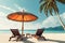 Beach chairs, umbrella and palms on the beach.