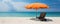 beach chairs and an umbrella on a white sand beach with a breathtaking blue sky