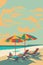 Beach chairs with umbrellas, beach bar, beach cafe, tables