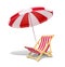 Beach chaise longue and sunshade for summer rest. Vector illustration.