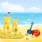 Beach with childrens toys and sandcastles