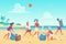 Beach cleaning students people flat vector illustration