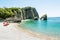 The beach and the cliffs on the island of St. Nicholas in Budva,