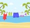 Beach Clothes Hanging on Rope, Swimwear and Flip Flops on a Clothesline on Beautiful Seaside Landscape Backround Vector