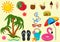 Beach color icon set, summer symbols collection, vector sketches, logo illustrations, vacation signs flat realistic