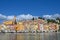 Beach and colorful old buildings in Menton South France