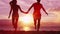 Beach couple holding hands on beach enjoying sunset running having fun on travel