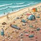 A beach covered by plastic waste and garbage. Ai generated