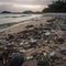 A beach covered by plastic waste and garbage. Ai generated