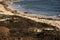 Beach covered in thick piles of seaweed, washed up on the sand by the tide