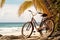 A beach cruiser bicycle parked by the shore realistic tropical background