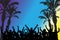 Beach disco party, silhouettes of dancing people and palm trees. Vector illustration