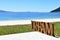 Beach with Dream wooden sign. Galicia, Spain, sunny day.