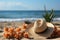 Beach essentials including hat flip flops starfish and starfruit, best summer image