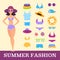 Beach fashion. Girl and miscellaneous clothes accessories. Cartoon style