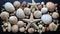 beach finds: small seashells, fossil coral and sand dollars, puka shells, a sea urchin and a white starfish. AI