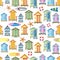 Beach, fishing houses with surfboards, a lifebuoy and starfish. Watercolor illustration. Seamless pattern on a white