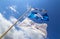 Beach flags in the blue sky