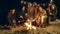 Beach food, young people cook meat product at campfire and dance while relish vacations on open air