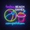 Beach games competition. Summer holiday banner. Neon banner. Neon sign.