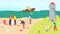 Beach with garbage, people clean environment vector illustration. Volunteer character pick up trash from nature ecology.