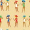 Beach, girl and cocktails funny seamless pattern retro