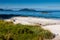 A beach with grass and island