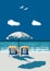 Beach, happy couple sitting on deck chairs, under umbrella, on