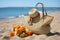Beach hat broom umbrella and toys in a stylish straw bag, summer landscape image