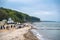 Beach Heiligendamm in Germany with traditional beach chairs. Holiday destination and family vacation in summer