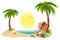 Beach holidays on summer vacations. Tropical sun, sea, palm trees, sand and open suitcase